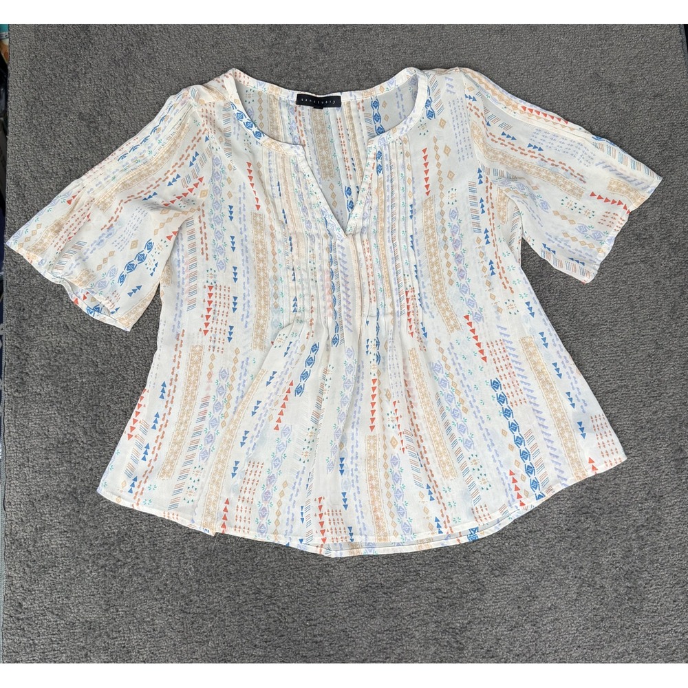 Sanctuary Womens Small White Geometric Tribal Pintuck Split Neck Blouse Top